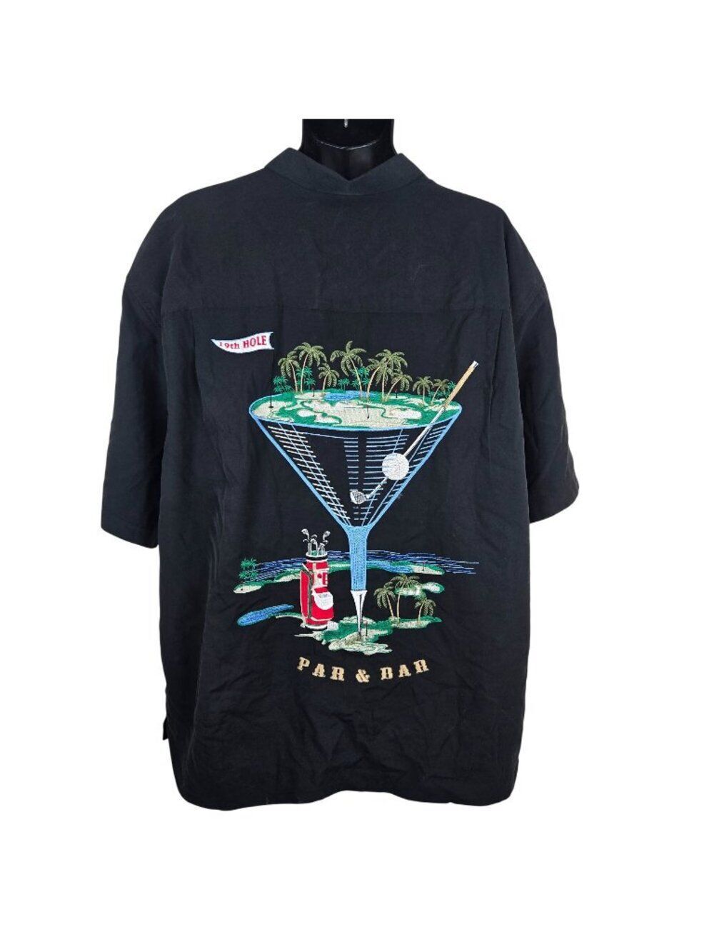 Mens XL Black Hawaiian Camp Shirt Embroidered Golf Martini 19th Hole
